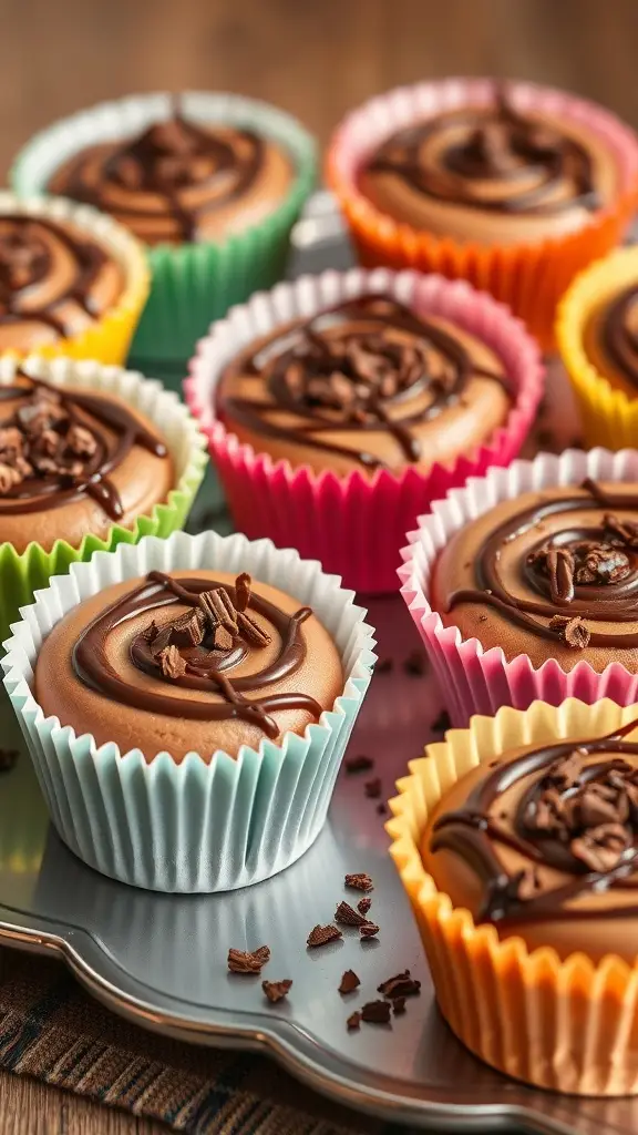 Colorful mini cheesecakes with chocolate swirls in cupcake liners