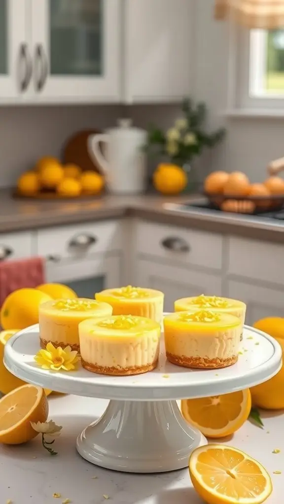 Mini cheesecakes topped with lemon glaze on a white cake stand, surrounded by fresh lemons.