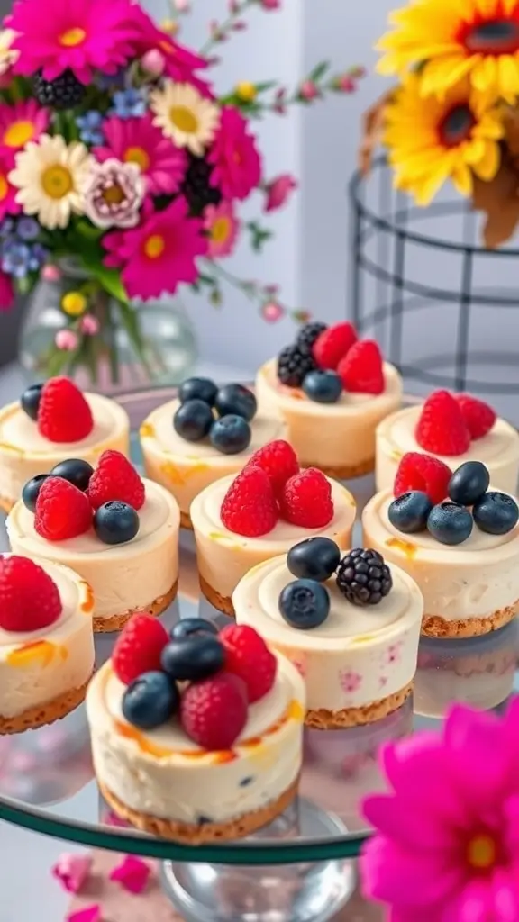 A display of mixed berry mini cheesecakes topped with raspberries, blueberries, and blackberries, surrounded by colorful flowers.