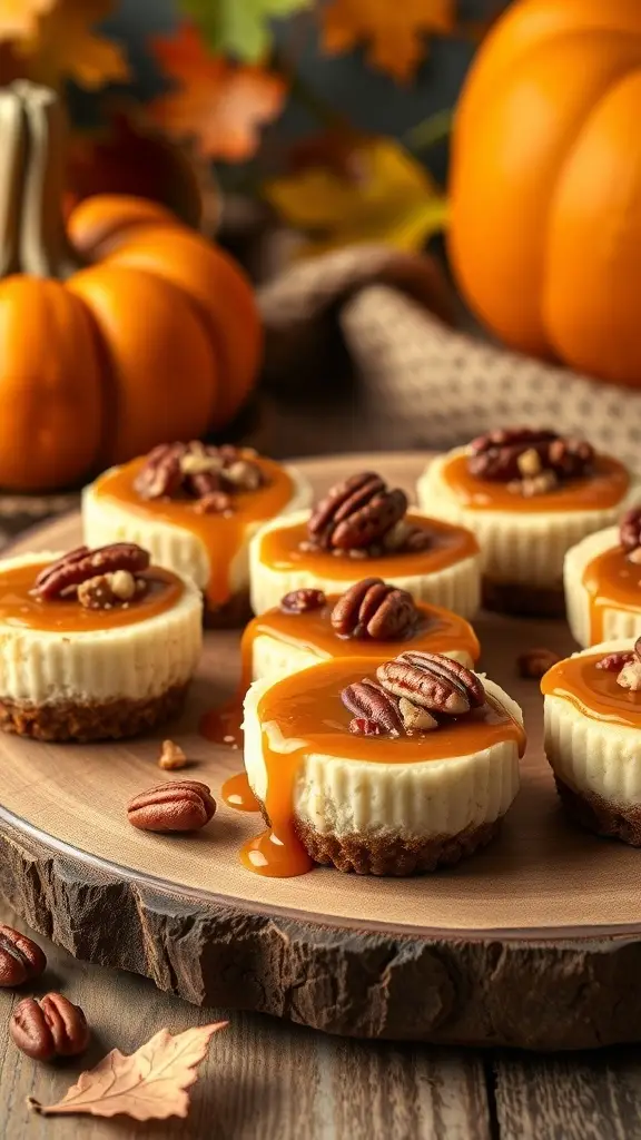 Caramel pecan mini cheesecakes on a wooden platter with autumn leaves and pumpkins in the background.