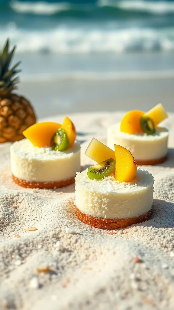 Three coconut mini cheesecakes topped with fresh fruit on a sandy beach