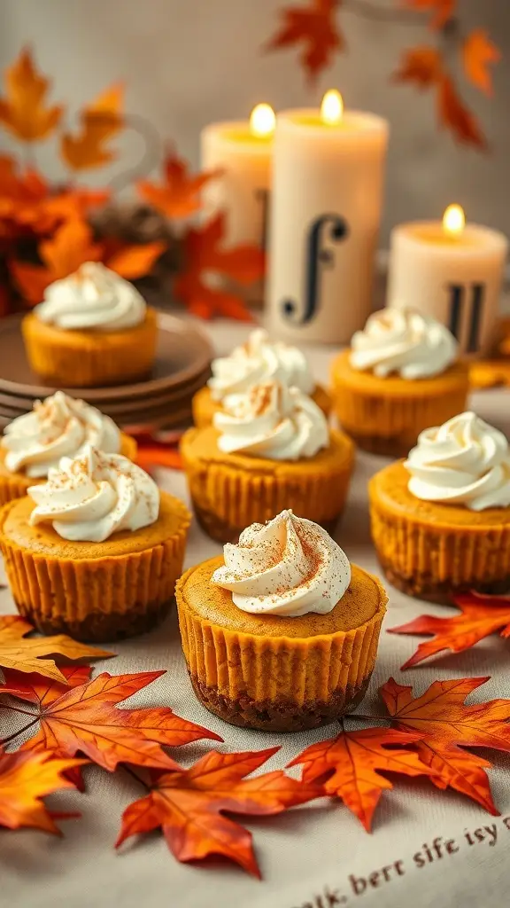 Rich and creamy pumpkin spice mini cheesecakes topped with whipped cream, surrounded by autumn leaves and candles.