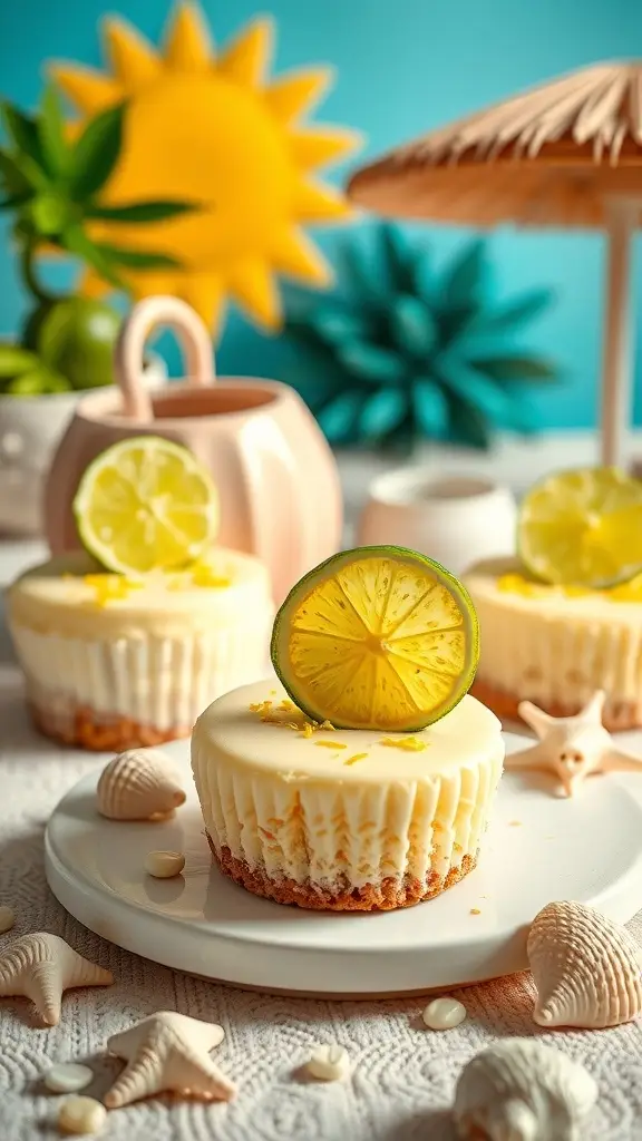 Refreshing key lime mini cheesecakes with lime slices on top, set against a tropical background.