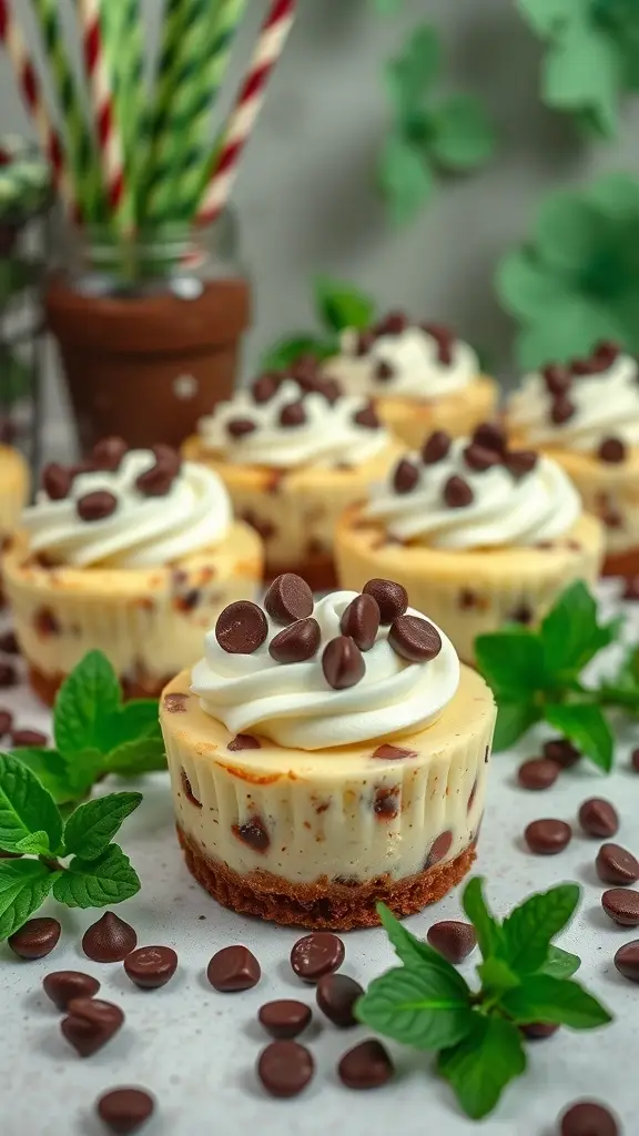 Mint chocolate chip mini cheesecakes with chocolate chips and mint leaves