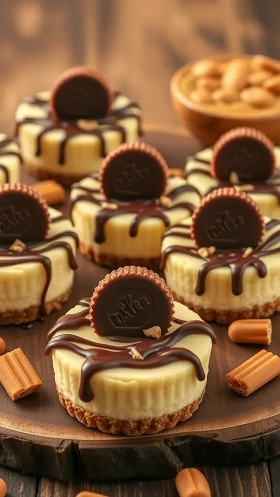 Peanut butter cup mini cheesecakes topped with chocolate drizzle and mini peanut butter cups