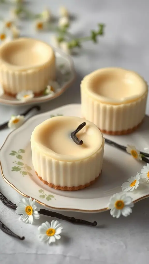 Vanilla bean mini cheesecakes on a decorative plate with flowers and vanilla pods