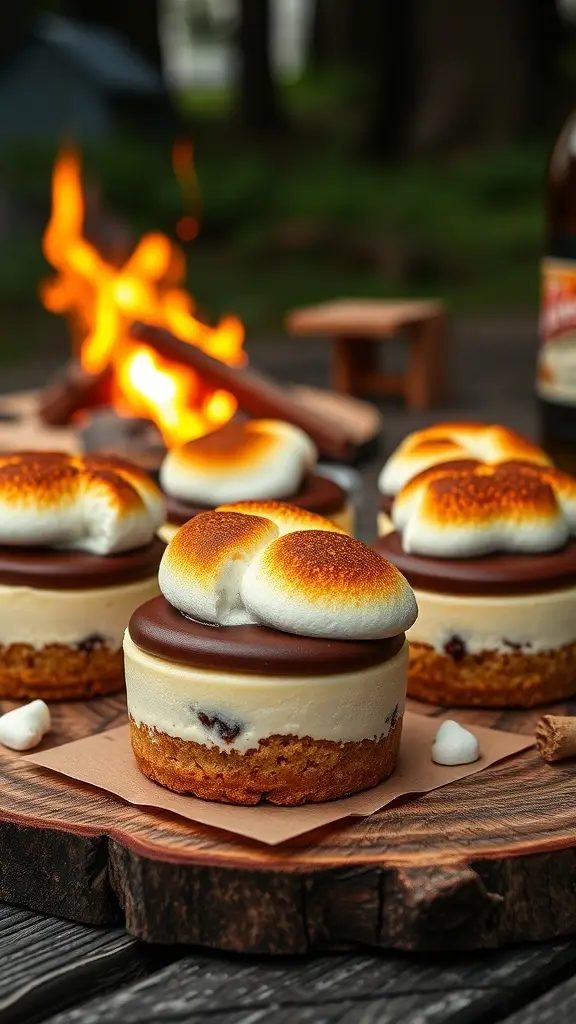 S'Mores mini cheesecakes with toasted marshmallows on top, set near a campfire.