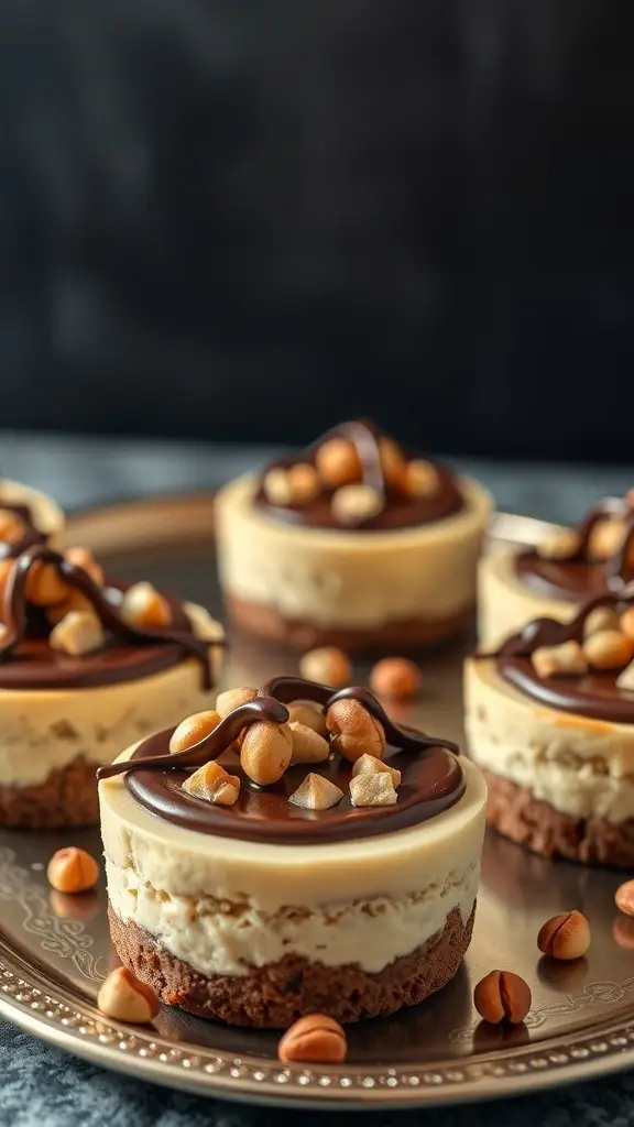 Chocolate hazelnut mini cheesecakes topped with ganache and hazelnuts on a decorative plate.
