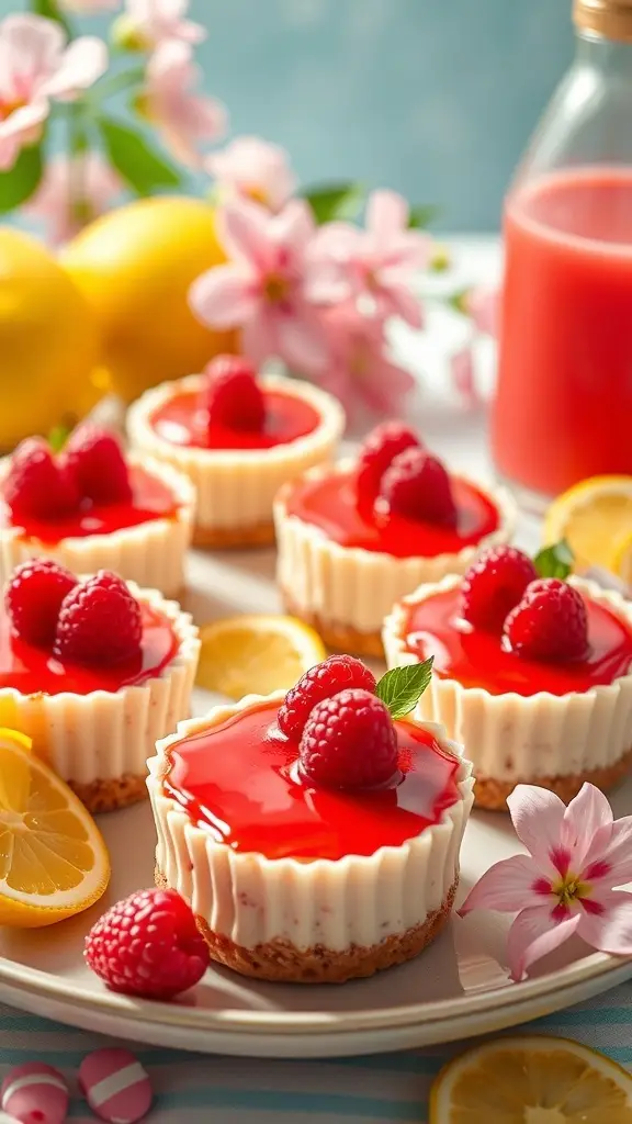 Delicious raspberry lemonade mini cheesecakes topped with fresh raspberries and lemon slices, perfect for summer.