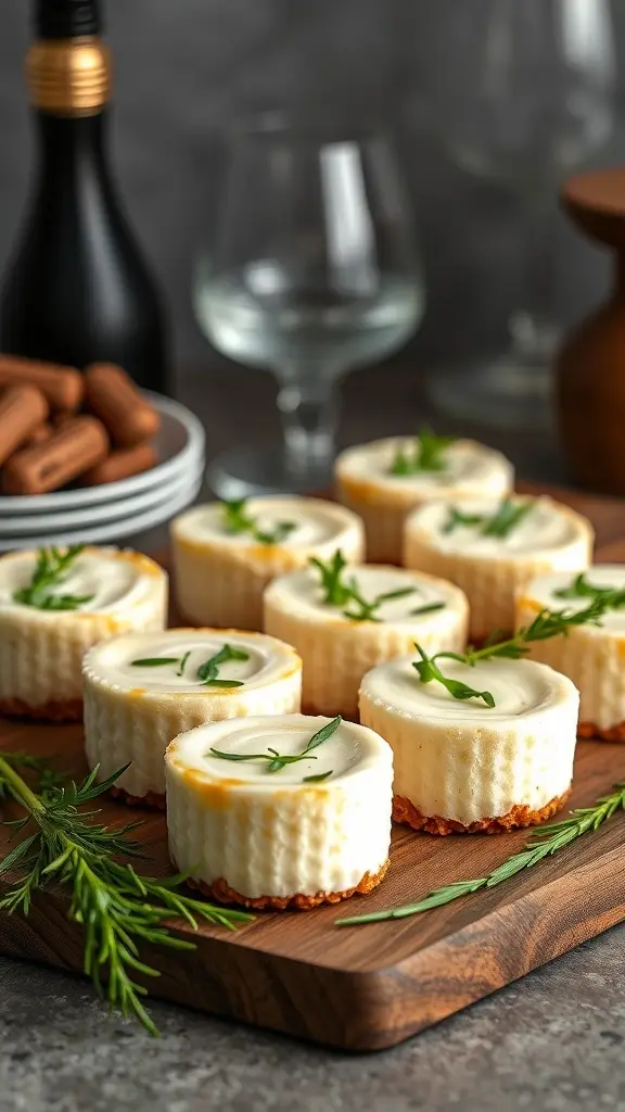 Savory goat cheese and herb mini cheesecakes on a wooden platter, garnished with fresh herbs.