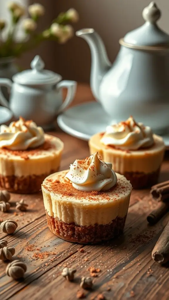 Chai spice mini cheesecakes with whipped cream and spices on a wooden table