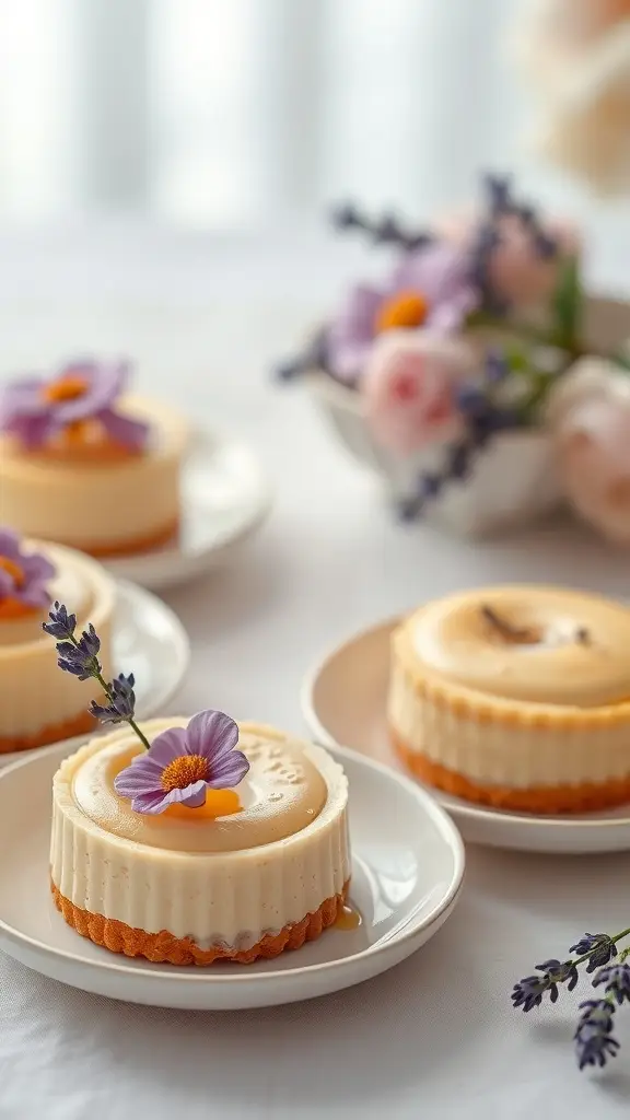 Lavender honey mini cheesecakes beautifully garnished with flowers