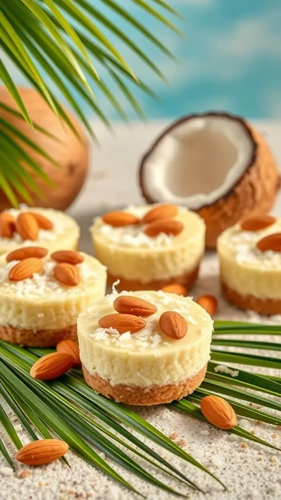 Mini cheesecakes with almonds and coconut on a tropical background