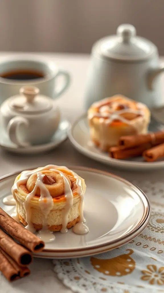 Cinnamon roll mini cheesecakes with icing on a plate, surrounded by cinnamon sticks and a cup of coffee.