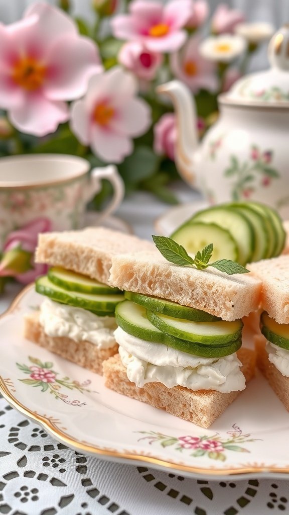 Cucumber sandwiches with herb cream cheese on a floral plate, surrounded by flowers and a teapot.