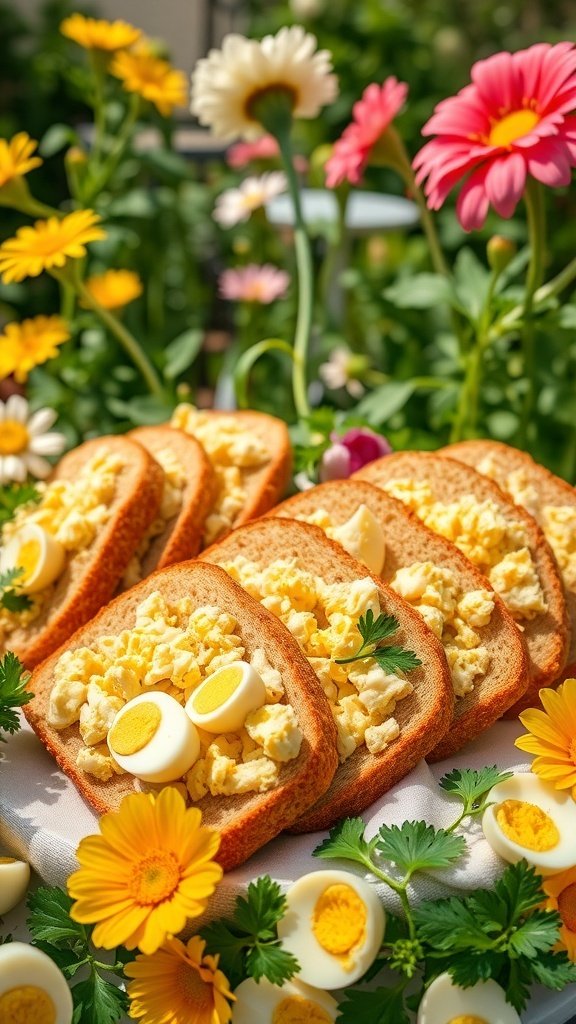 Classic egg salad sandwiches with boiled egg slices and fresh herbs, surrounded by colorful flowers.
