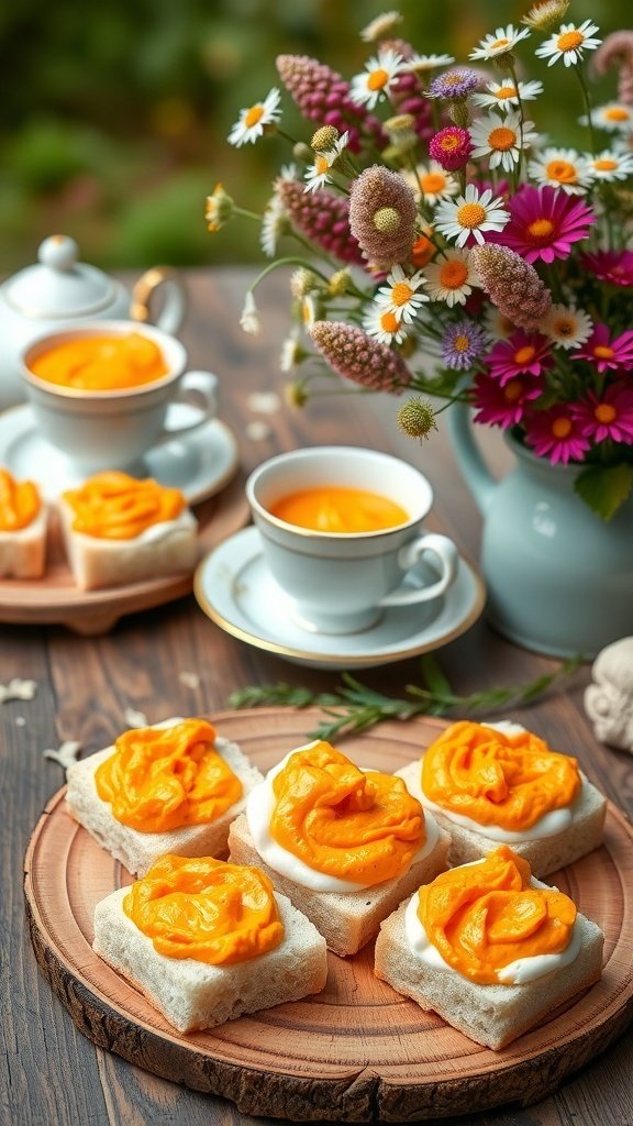 A plate of pimento cheese sandwiches on white bread, surrounded by flowers and a tea cup.