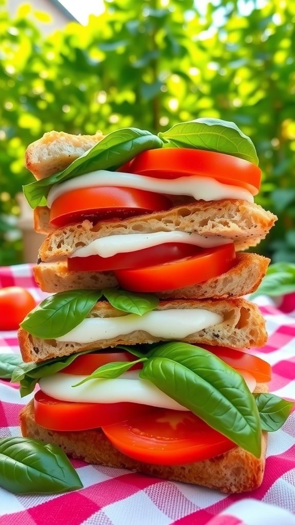 Charming tomato basil sandwiches with mozzarella stacked on a wooden board, surrounded by fresh basil and tomatoes.