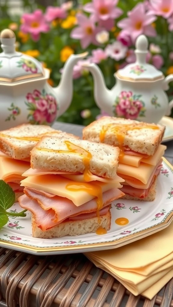 A stack of ham and cheese sandwiches with a honey mustard spread, set in a garden tea party setting.