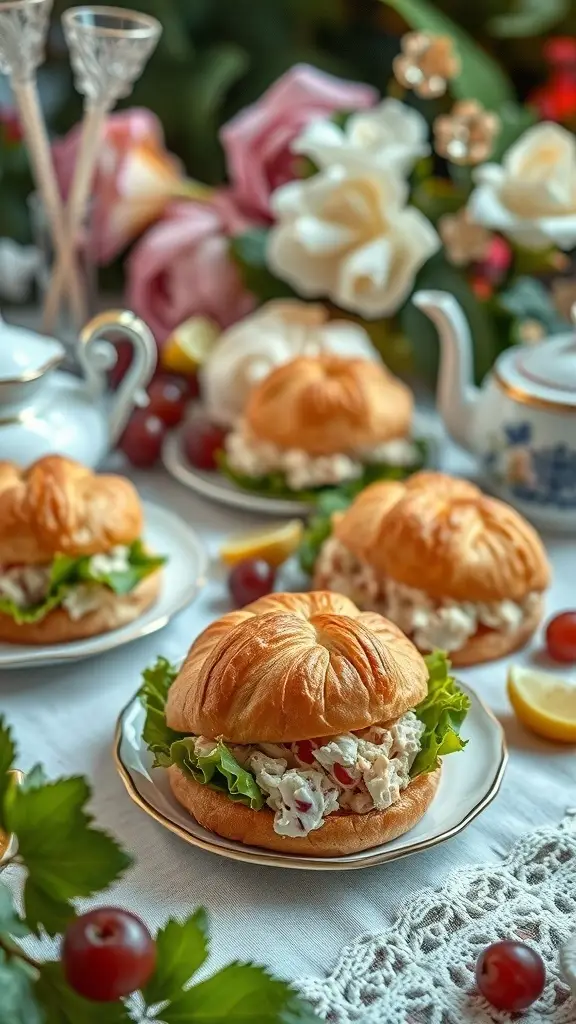 Whimsical chicken salad sandwiches on mini croissants, surrounded by flowers and tea set.