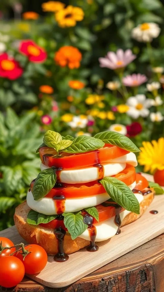 A colorful Caprese sandwich with tomatoes, mozzarella, and basil, drizzled with balsamic glaze, set against a backdrop of blooming flowers.