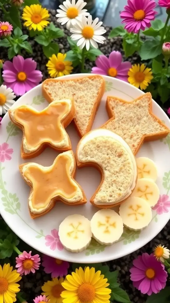 Sweet and savory nut butter and banana sandwiches on a plate in a garden setting with flowers and butterflies.