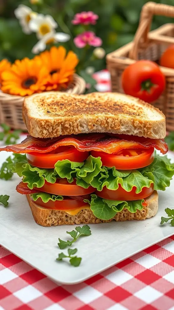 A classic BLT sandwich with crispy bacon, fresh lettuce, and tomato, set in a garden tea party setting.