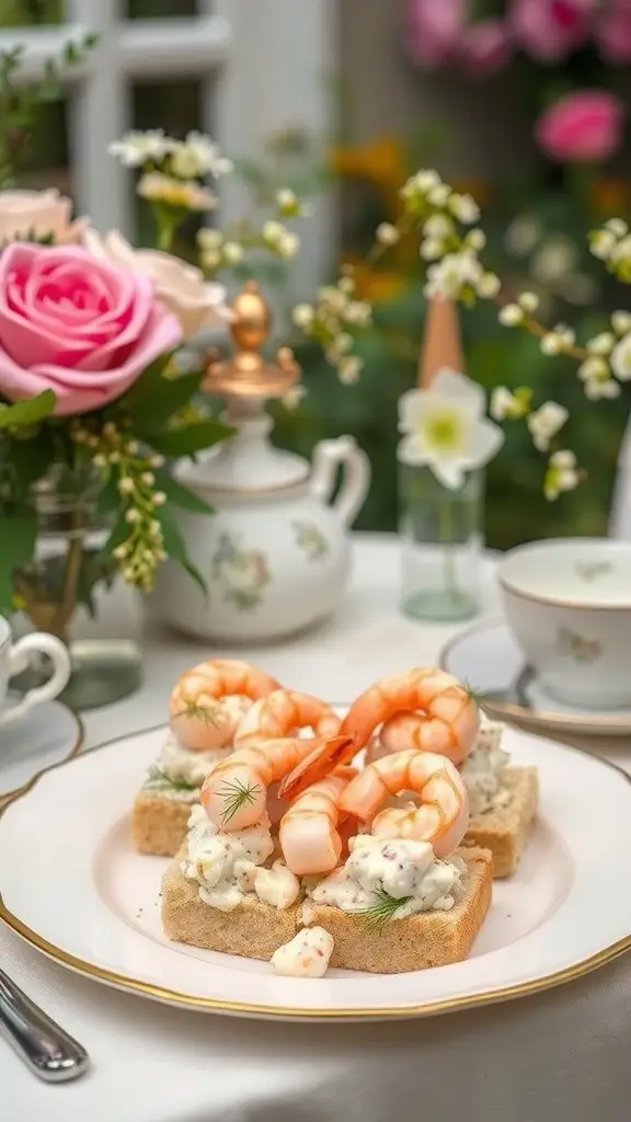 Shrimp salad sandwiches on a table with flowers and tea cups
