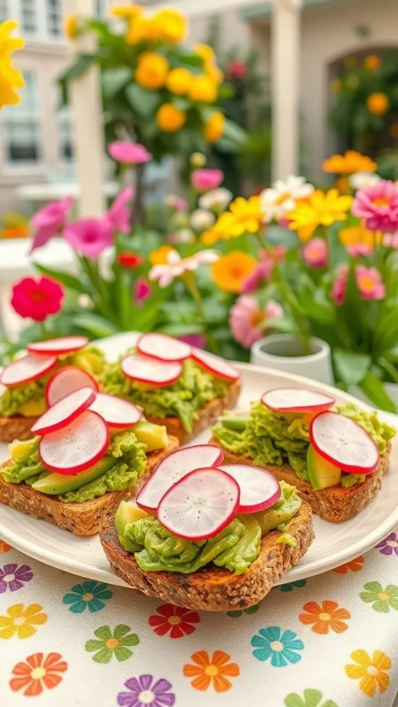 Avocado toast sandwiches topped with radishes on a plate, surrounded by colorful flowers in a garden setting.
