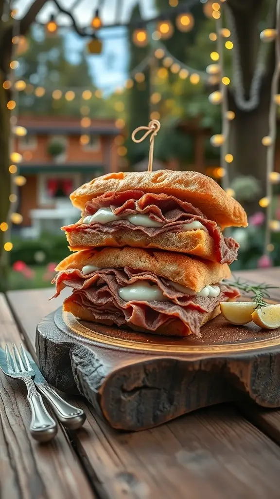 A stack of roast beef sandwiches with horseradish cream on a wooden platter, surrounded by a garden setting with twinkling lights.