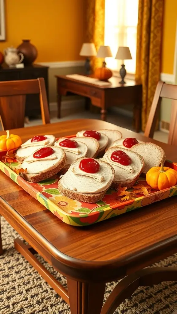 A platter of turkey and cranberry sandwiches with autumn decorations.