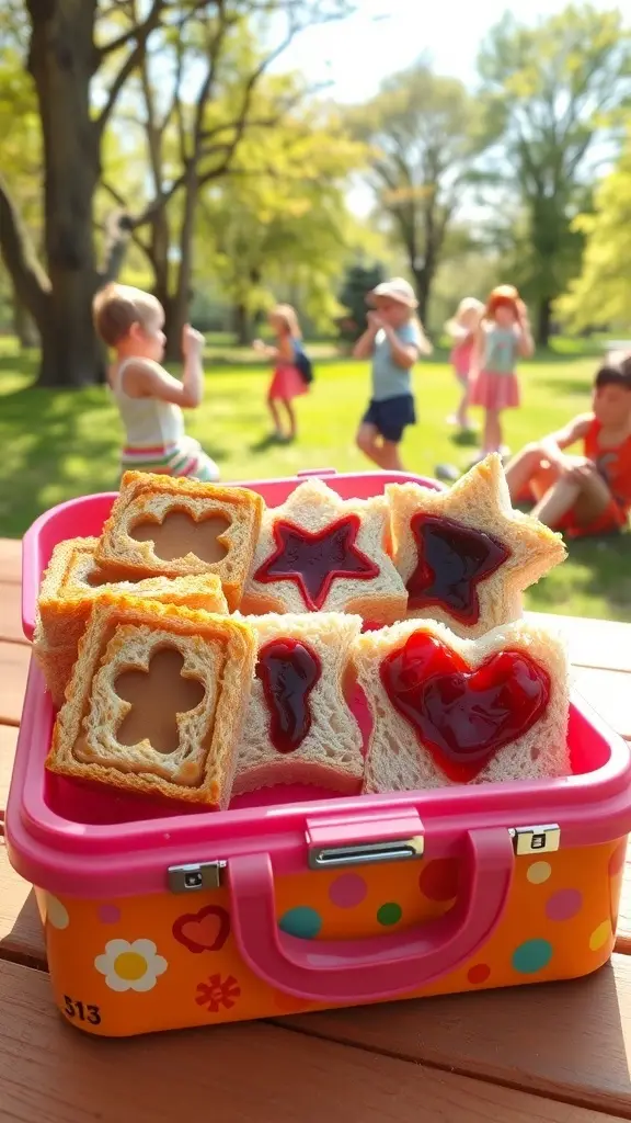 A yellow lunchbox filled with star and letter-shaped peanut butter and jelly sandwiches, set against a backdrop of children playing in a garden.