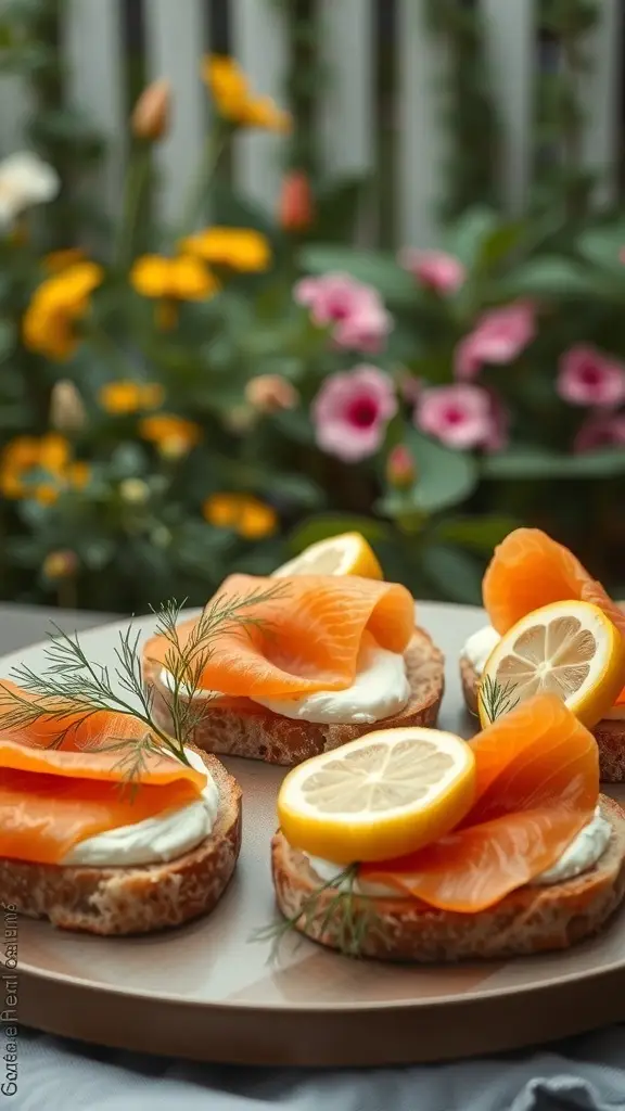 Luxurious smoked salmon sandwiches with cream cheese, garnished with lemon and dill, set against a colorful garden background.