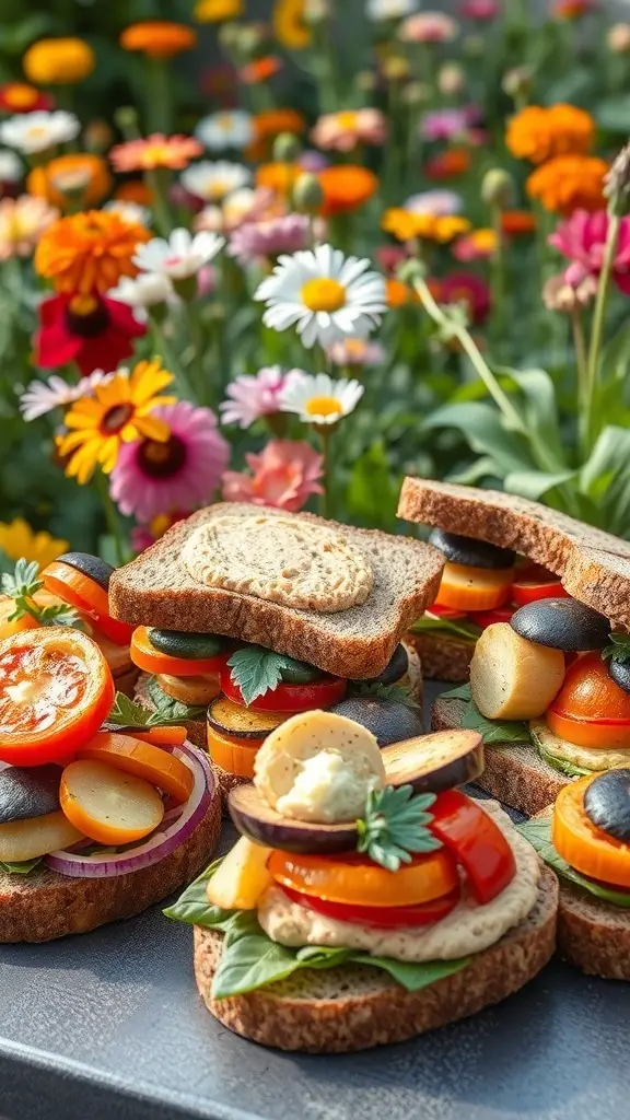 Colorful roasted vegetable sandwiches with hummus, surrounded by vibrant flowers in a garden.