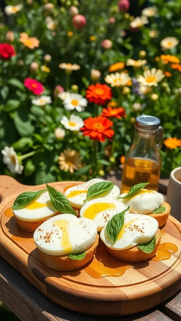 Fresh mozzarella and basil sandwiches with olive oil on a wooden platter surrounded by colorful flowers