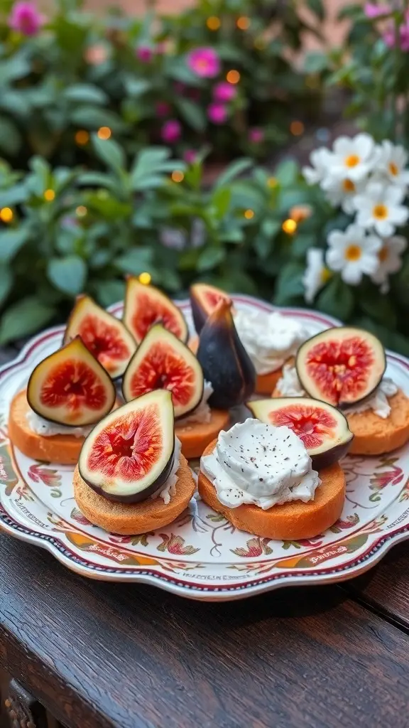 Sweet and savory fig and goat cheese sandwiches on a decorative plate with fresh figs and greenery in the background.
