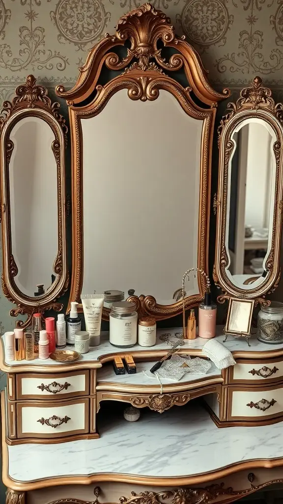 A vintage vanity station with intricate gold detailing, featuring multiple mirrors and an array of beauty products on a marble surface.
