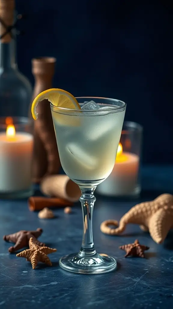A Classic Sea Witch Cocktail served in an elegant glass with a lemon slice, surrounded by seashells and candles.