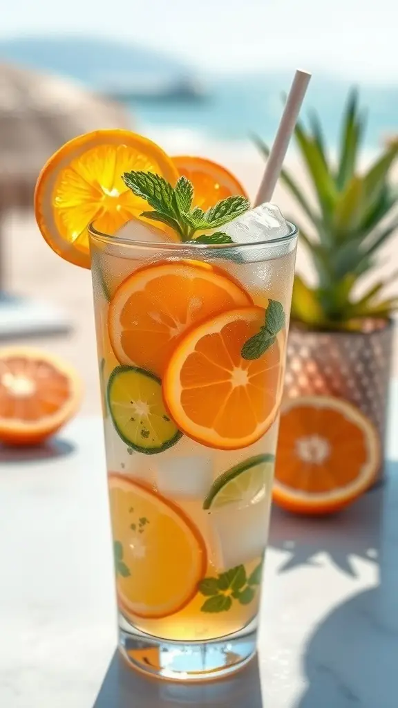 A refreshing Citrus Infused Siren cocktail with slices of oranges and limes, garnished with mint leaves.