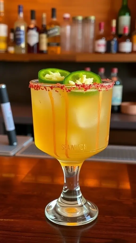 A Spicy Sea Witch cocktail with jalapeño slices and mint garnish.