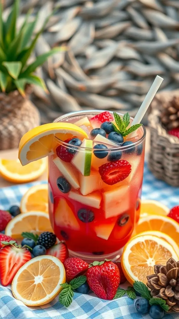 A colorful Fruity Siren’s Kiss cocktail with fresh fruits and mint leaves, set against a woven background.