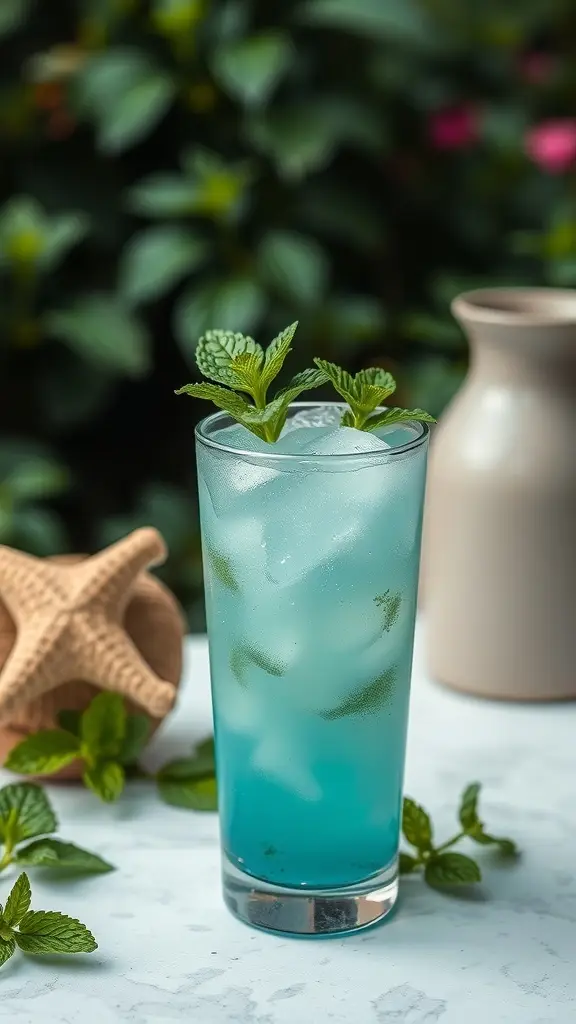 A refreshing Minty Sea Witch Cooler cocktail garnished with mint leaves, set against a backdrop of greenery.