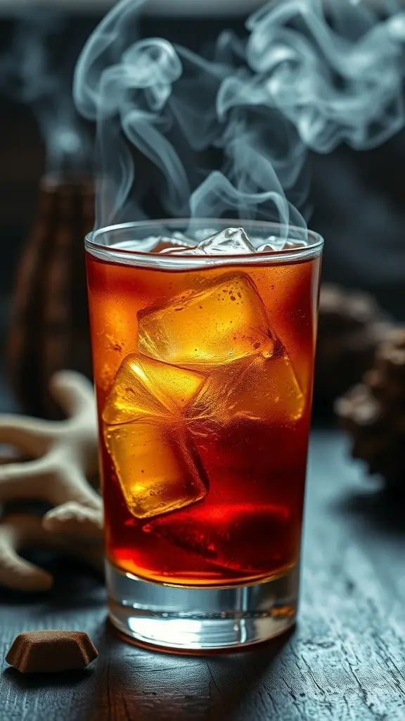 A smoky cocktail in a glass with ice cubes, set against a dark background.