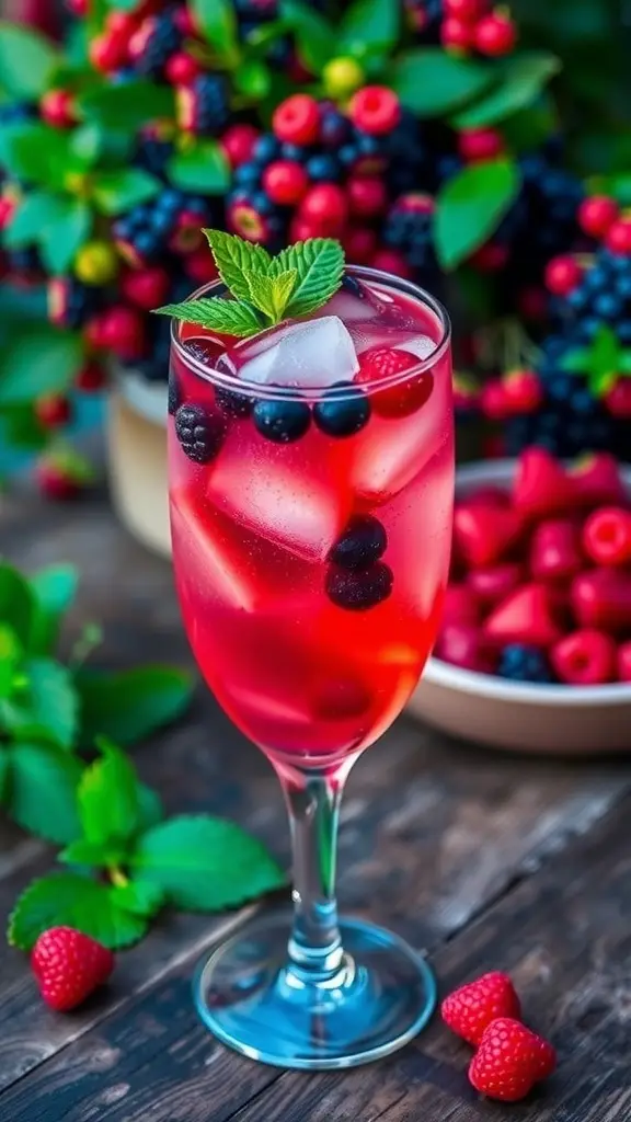 A refreshing Berry Bliss Sea Witch cocktail with raspberries and blackberries, served in a tall glass with ice and mint garnish.