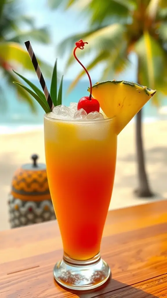 A colorful Tropical Siren cocktail with layers of blue, green, and red, garnished with a pineapple slice and cherry, set against a beach background.