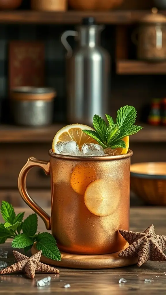 A refreshing Ginger Spice Sea Witch cocktail in a copper mug with lemon slices and mint leaves.