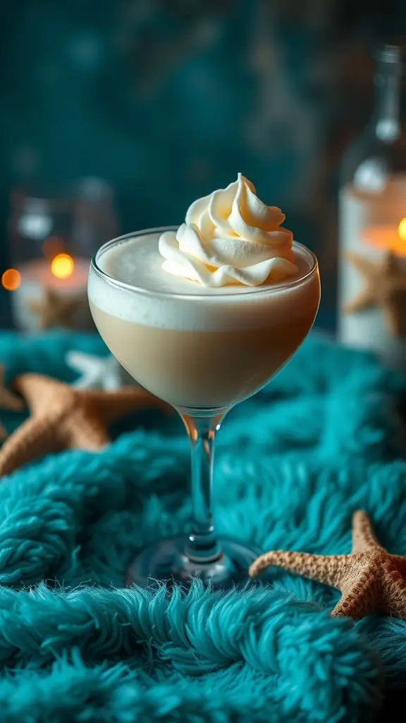 A creamy Vanilla Dream Siren cocktail topped with whipped cream, surrounded by starfish on a teal background.