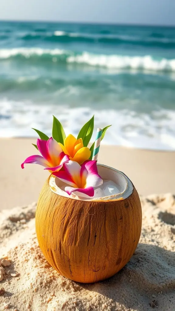 A coconut filled with a creamy cocktail, topped with colorful flowers, set against a beach background.