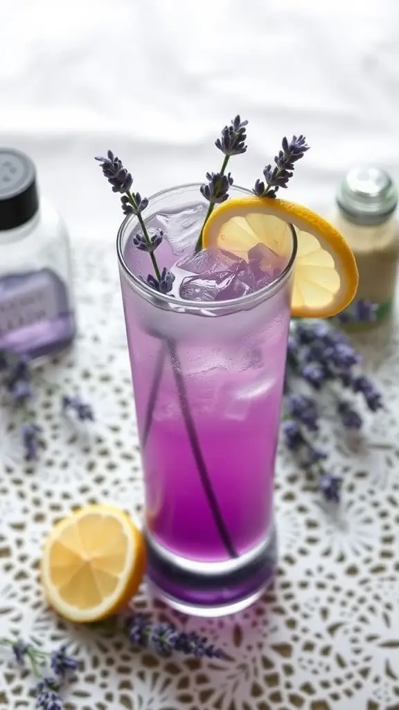 A Lavender Siren cocktail garnished with lavender sprigs and a lemon slice.