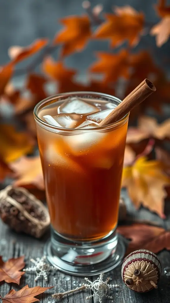 A glass of Cinnamon Sea Witch cocktail with a cinnamon stick, surrounded by autumn leaves and decorative elements.